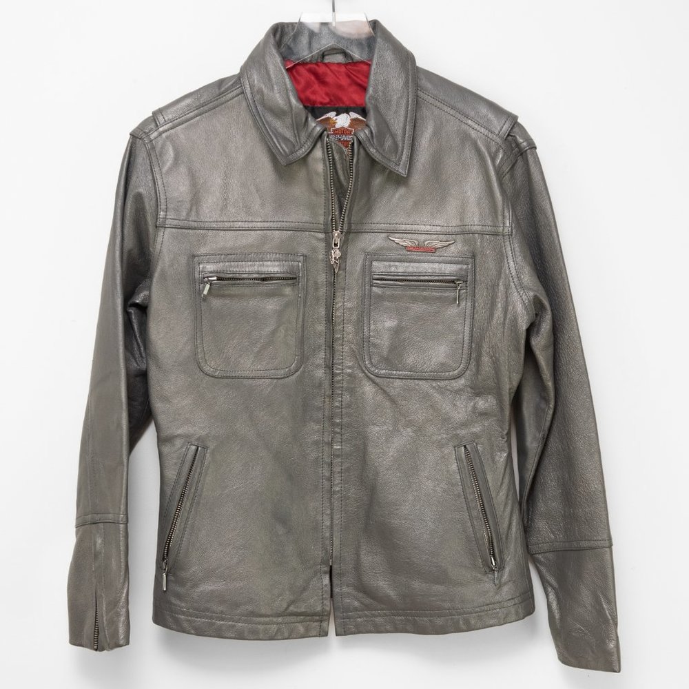 Harley Davidson Genuine Leather Jacket Motorcycle Biker Grey Silver Size Small